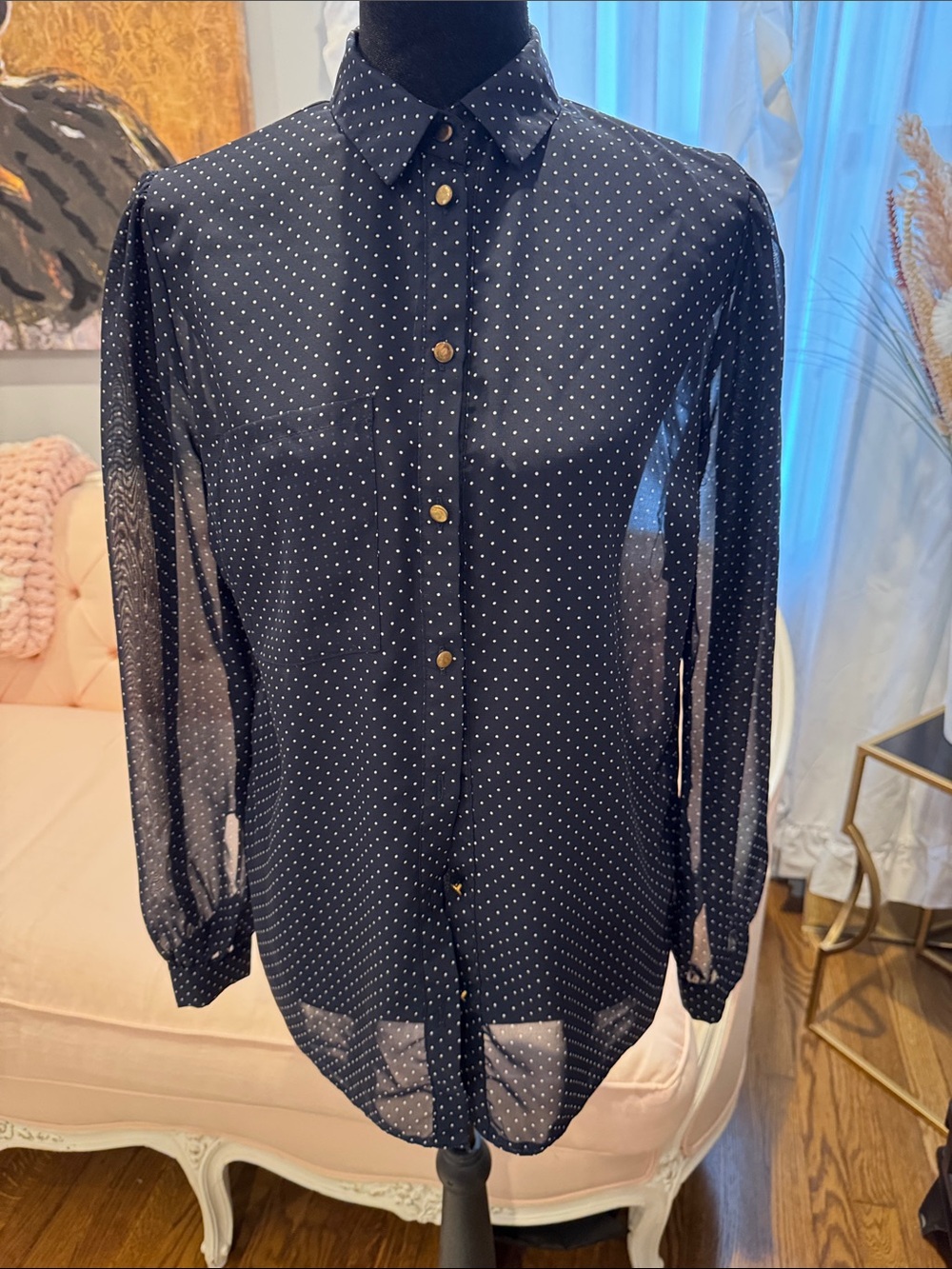 Atmosphere Navy Button-Front Polka Dot Shirt